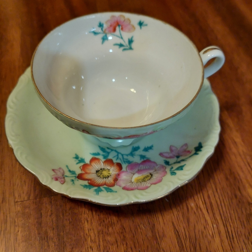 Trimont China Made In Occupied Japan Vintage Teacup & Saucer Floral Light Green